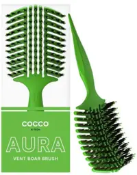 Perie profesională de păr Cocco - Aura Vent Boar Brush, cu păr natural, verde