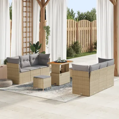 Set de canapele pentru gradina cu 9 piese si perne bej din ratan poliester acacia, set de mese pentru gradina cu 3 piese si perne bej din ratan poliester acacia