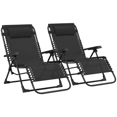 Outsunny Set de 2 șezlonguri pentru bronzat, șezlong pliant reglabil cu tetieră din textilenă, 90 x 65 x 112 cm, negru | Aosom Romania