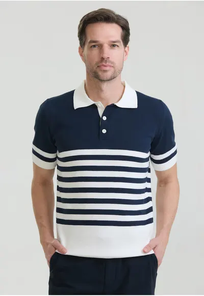 Tricou polo de bumbac cu dungi - Alb/Bleumarin