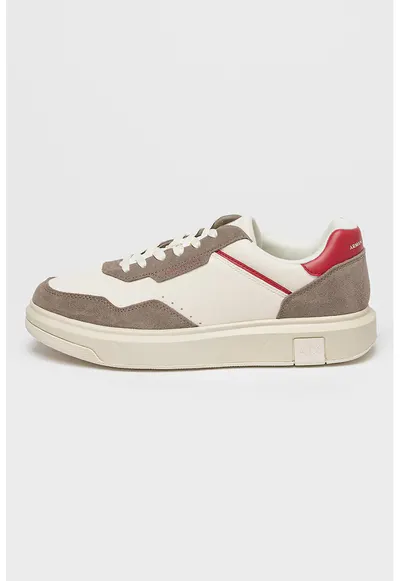 Pantofi sport din piele ecologica si material textil - Maro taupe/Rosu inchis/Alb murdar