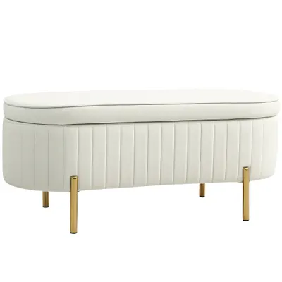 HOMCOM Bancă de Depozitare de Intrare Ovală 72L, Design Canelat cu Capac Rabatabil și Scaun Capitonat, Bancă de la Capătul Patului, Pouf, în Velur și cu Picioare din Lemn de Pin, 108x44x43.5 cm, Crem | Aosom Romania