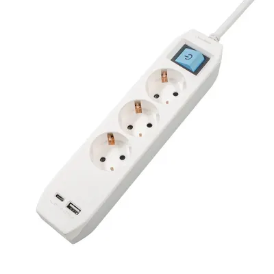 PRELUNGITOR SPACER, Schuko x 3, conectare prin Schuko (T),Type-C x1, USB x 1, 3.1A, cablu 3m, 16 A, max. 3500W, protectie copii