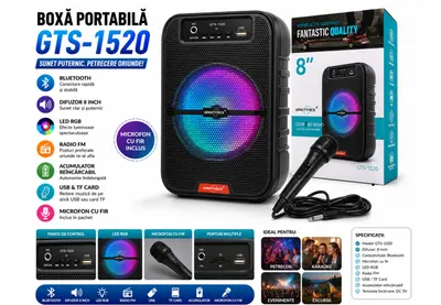 Boxa Portabila Bluetooth GTS-1520, Difuzor 8 Inch, Microfon cu Fir Inclus, LED RGB, Radio FM, USB, TF Card, Acumulator Reincarcabil
