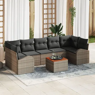 Set canapea de gradina Gossi 8 piese cu perne gri din ratan poly acacia, canapea de gradina Gossi cu 2 locuri si depozitare, cu perne gri din ratan poly