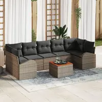 Set canapea de gradina Gossi 8 piese cu perne gri din ratan poly acacia, canapea de gradina Gossi cu 2 locuri si depozitare, cu perne gri din ratan poly