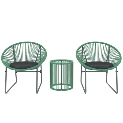 Outsunny Set de mobilier de exterior cu 3 piese, 1 masă, 2 scaune, placă de masă din sticlă, poliratan plastic înfășurat în cadre de oțel, perne moi, Verde | Aosom Romania