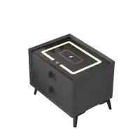 Noptiera inteligenta cu incarcare wireless si iluminare LED – culoare gri antracit, 2 sertare, design modern din sticla si lemn