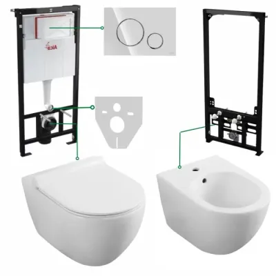Set vas wc cu capac soft close si cu bideu, rezervor incastrat plus clapeta crom si izolare fonica, Minerva