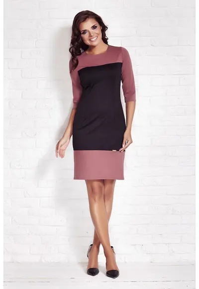 Rochie dama maneci 3/4 - decolteu barca - negru-roz - poliester-elastan