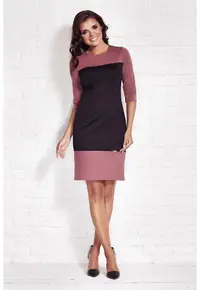 Rochie dama maneci 3/4 - decolteu barca - negru-roz - poliester-elastan -