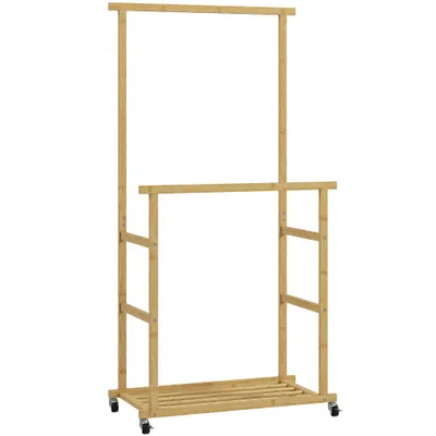 HOMCOM Suport pentru haine cu 2 bare, raft inferior și 4 roți din bambus, 80x40x160 cm, lemn natural | Aosom Romania