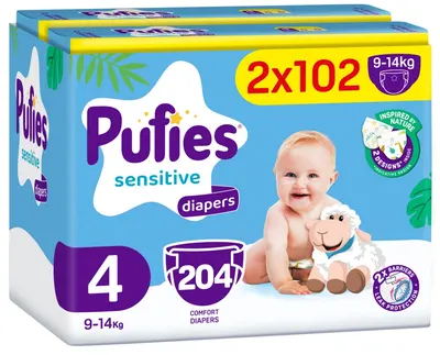 Scutece pentru bebeluși Pufies Sensitive - Maxi, mărimea 4, 204 buc, 9-14 kg, Mega Pack 2