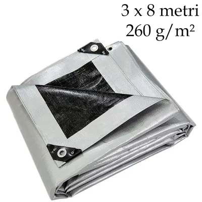 Prelata PE de inalta densitate, 3x8 m, 260 g/mp, inele metalice, impermeabila, rezistenta UV si inghet