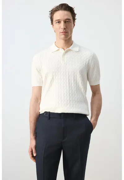 Tricou polo din bumbac cu design torsade - Alb murdar