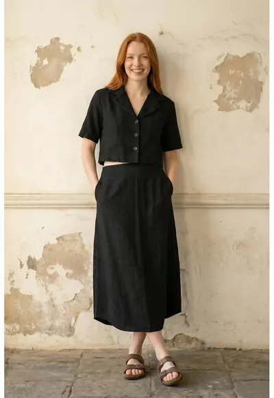 Set coordonat Femei - Camasa scurta si Fusta midi - Negru - 50% Bumbac/35% Viscoza/15% In