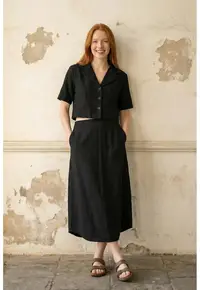 Set coordonat Femei - Camasa scurta si Fusta midi - Negru - 50% Bumbac/35% Viscoza/15% In