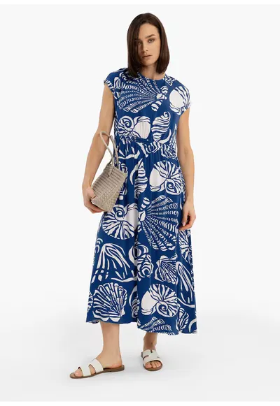 Rochie lunga de vara din viscoza cu model - maneci scurte - G-Kamelia - albastru - Albastru