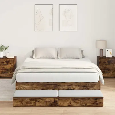 vidaXL Cadru de pat cu depozitare Stejar fumuriu 135 cm Lemn prelucrat