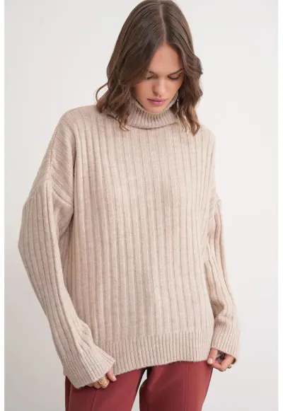 Pulover dama - oversize - guler inalt - bej natural - tricot