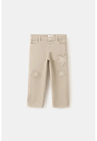 Blugi cu croiala dreapta si detalii cu model floral - Maro camel