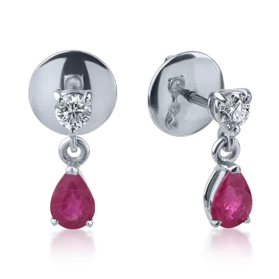 Cercei din aur alb cu rubine pear de 0.8ct si diamante de 0.2ct