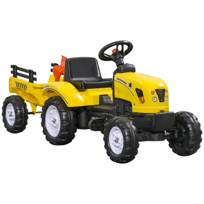 HOMCOM Tractor de Pedalat pentru Copii de 3+ Ani cu Remorcă, Greblă, Lopată și Claxon, 133x42x51 cm, Galben | Aosom Romania