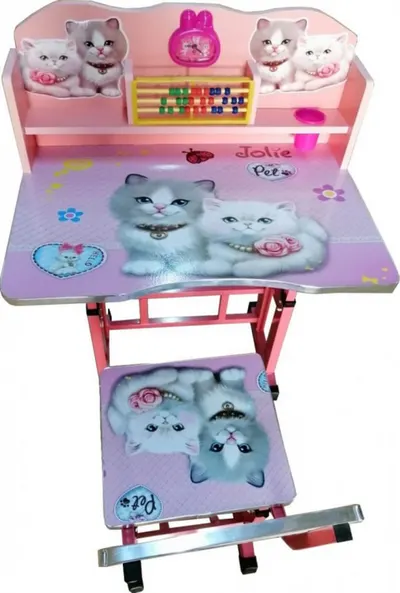 Birou pentru copii Novokids My first desk Pisicute Roz din MDF, cu jucarii interactive, dimensiuni 68x43x65, cadru metalic