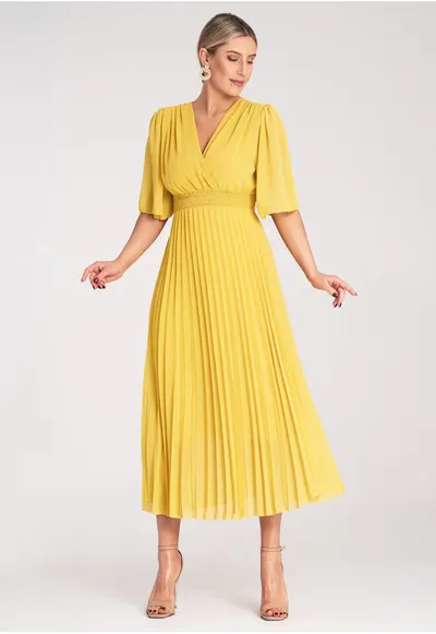 Rochie plisata - galbena - viscoza -