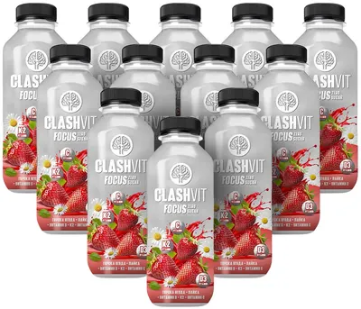 Apă cu vitamine ClashVit Focus, căpșuni și mușețel, 12 bucăți