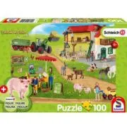 Puzzle 100 piese, Schleich - Farm World: Ferma si piata + Cadou: figurina animal, Schmidt