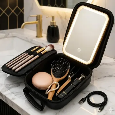 Geanta cosmetica cu oglinda LED, compacta pentru calatorii, 23x13x8 cm