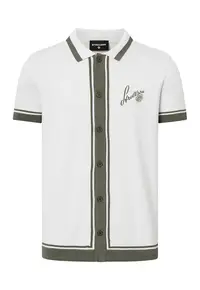 Tricou regular fit cu guler rotund și închidere frontală prin nasturi - Gri deschis