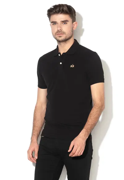 Tricou polo slim fit din material pique - Negru