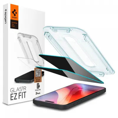 Folie de protectie Ecran Privacy Spigen GlastR EZ FIT pentru Apple iPhone 16 / 15, Sticla Securizata, Full Glue, Set 2 bucati AGL06905