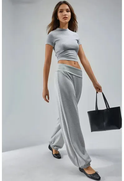 Pantaloni dama drepti - talie medie - gri - material elastic