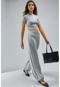 Pantaloni dama drepti - talie medie - gri - material elastic