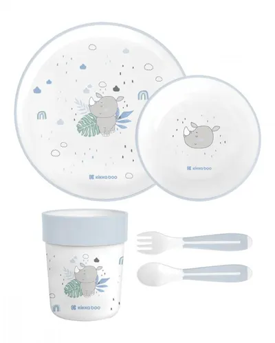 Set de masa pentru copii cu 5 piese KikkaBoo Savanna Blue,include farfurie, bol, cana, lingura si furculita,forme rotunjite,fara BPA,6 luni+
