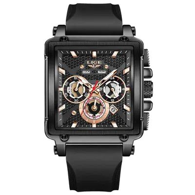 LIGE 89217 Ceas Bărbați Quartz, Square Design, Silicon Strap, Luminous, Calendar, Waterproof 3ATM, Sport Casual