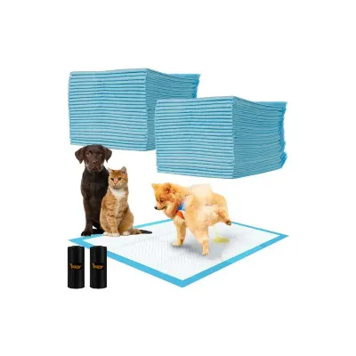 Covorase absorbante caini/pisici, set 50 buc, role pungi incluse, 60x90cm, alb/albastru