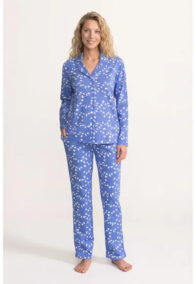 Pijama cu pantaloni lungi si nasturi Izabelle - Albastru pastel