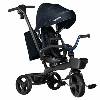 Tricicleta pentru copii Lionelo Kori Blue Navy cu scaun reversibil, rotire 360 grade, ultrapliabila, suport de picioare, control al directiei, conform cu standardul european de securitate EN71