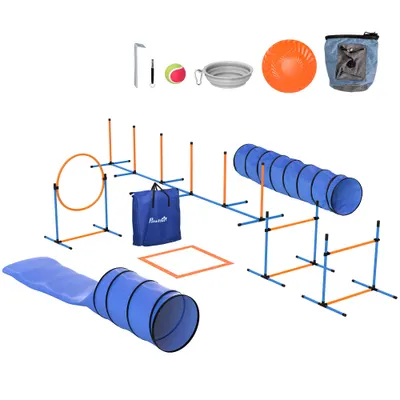 PawHut Set Agility pentru câini, 11 piese, echipament Agility pentru câini cu 2 tuneluri, înălțime reglabilă, cerc de sărit și obstacole, stâlpi slalom | Aosom Romania
