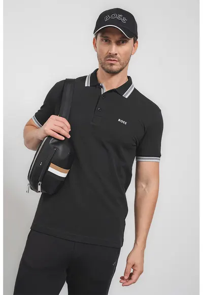 Tricou polo regular fit din bumbac pique cu margini contrastante Paddy - Negru