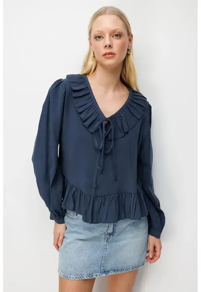 Bluza dama - decolteu in V - bleumarin - textil