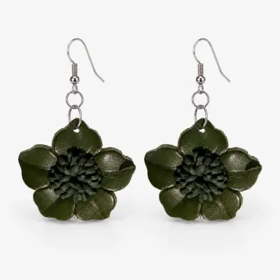 Cercei dama din piele naturala cu floare tridimensionala Verde Inchis