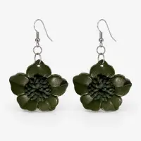 Cercei dama din piele naturala cu floare tridimensionala Verde Inchis