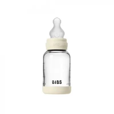 Set complet biberon din sticla anticolici cu tetina din silicon flux lent 120 ml Ivory