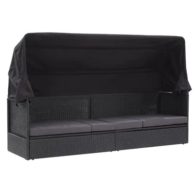 vidaXL Pat canapea de exterior cu copertină, negru, poliratan