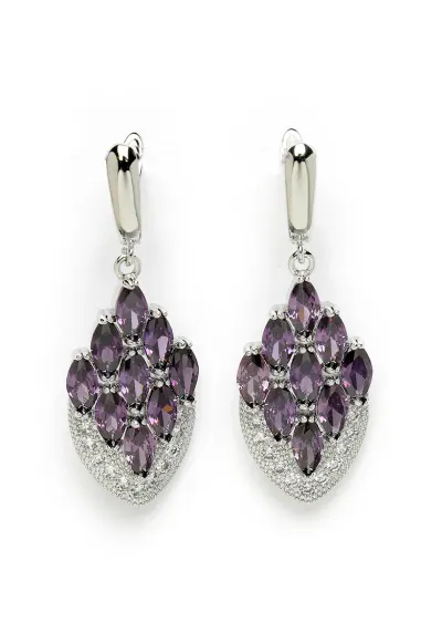 Cercei drop in forma de pana de paun - Violet/Argintiu
